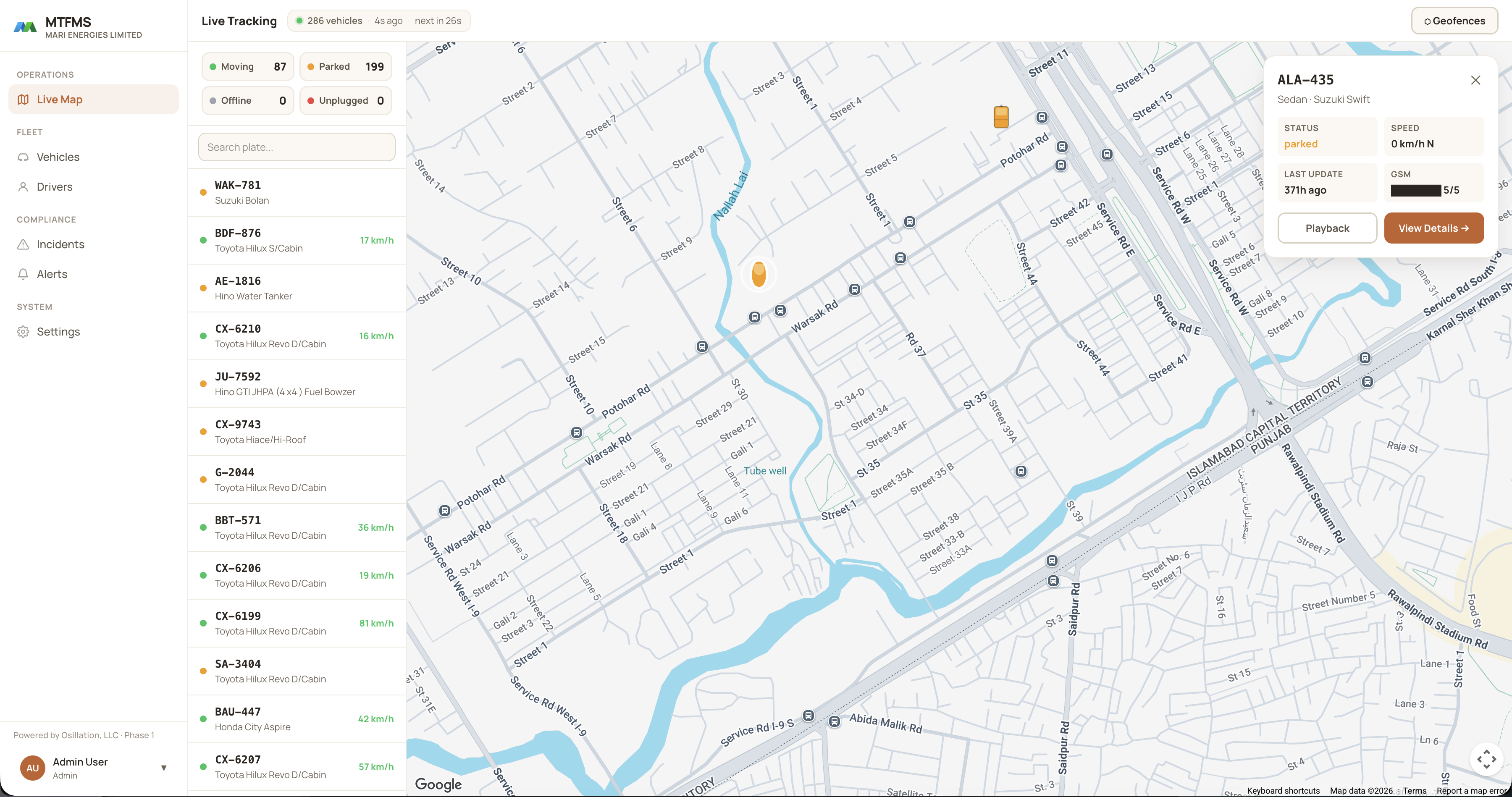 MTFMS live tracking map showing vehicle markers, statuses and a selected vehicle detail panel